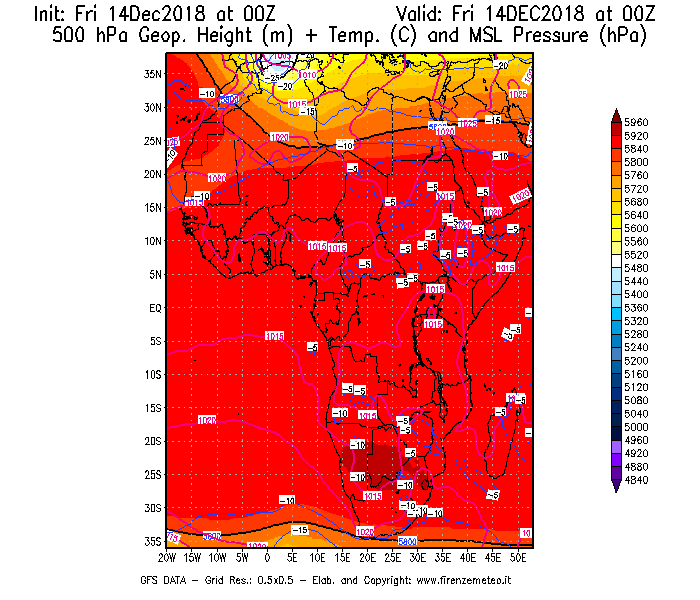 Mappa di analisi GFS - Geopotenziale [m] + Temp. [°C] a 500 hPa + Press. a livello del mare [hPa] in Africa
									del 14/12/2018 00 <!--googleoff: index-->UTC<!--googleon: index-->