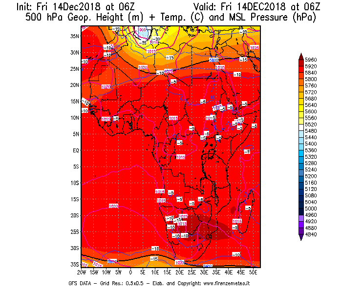 Mappa di analisi GFS - Geopotenziale [m] + Temp. [°C] a 500 hPa + Press. a livello del mare [hPa] in Africa
									del 14/12/2018 06 <!--googleoff: index-->UTC<!--googleon: index-->