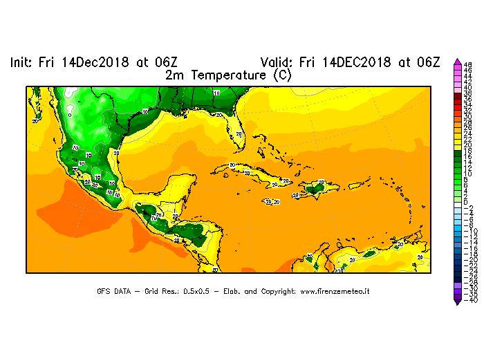 Mappa di analisi GFS - Temperatura a 2 metri dal suolo [°C] in Centro-America
									del 14/12/2018 06 <!--googleoff: index-->UTC<!--googleon: index-->