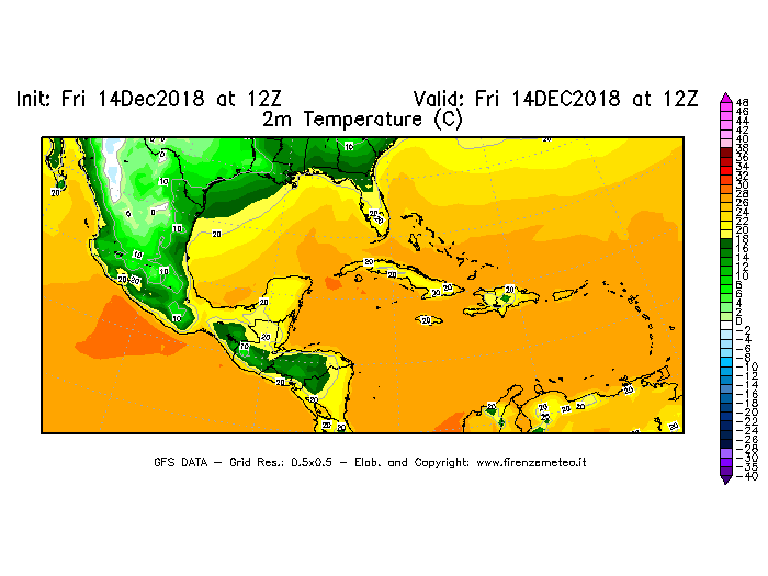 Mappa di analisi GFS - Temperatura a 2 metri dal suolo [°C] in Centro-America
									del 14/12/2018 12 <!--googleoff: index-->UTC<!--googleon: index-->