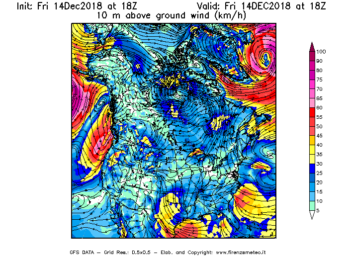 Mappa di analisi GFS - Velocità del vento a 10 metri dal suolo [km/h] in Nord-America
									del 14/12/2018 18 <!--googleoff: index-->UTC<!--googleon: index-->