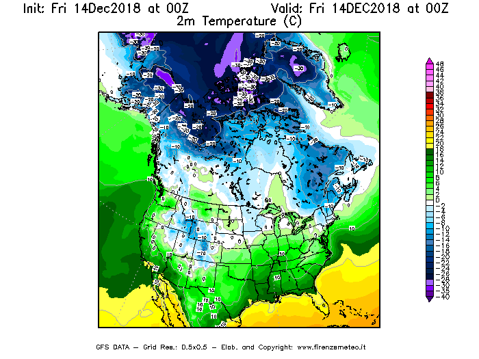 Mappa di analisi GFS - Temperatura a 2 metri dal suolo [°C] in Nord-America
									del 14/12/2018 00 <!--googleoff: index-->UTC<!--googleon: index-->
