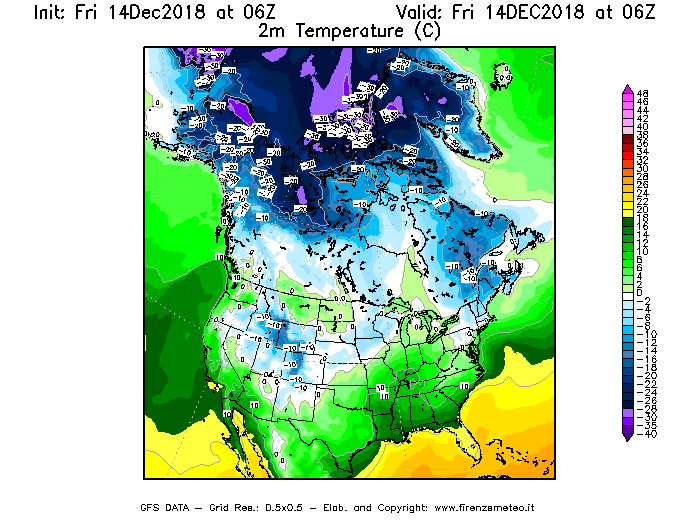 Mappa di analisi GFS - Temperatura a 2 metri dal suolo [°C] in Nord-America
									del 14/12/2018 06 <!--googleoff: index-->UTC<!--googleon: index-->