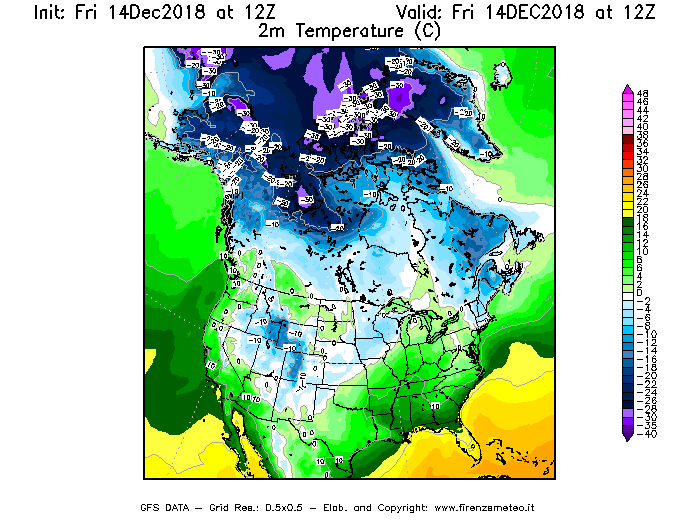 Mappa di analisi GFS - Temperatura a 2 metri dal suolo [°C] in Nord-America
									del 14/12/2018 12 <!--googleoff: index-->UTC<!--googleon: index-->