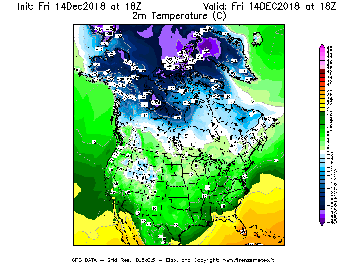Mappa di analisi GFS - Temperatura a 2 metri dal suolo [°C] in Nord-America
									del 14/12/2018 18 <!--googleoff: index-->UTC<!--googleon: index-->