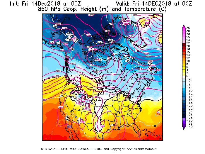 Mappa di analisi GFS - Geopotenziale [m] e Temperatura [°C] a 850 hPa in Nord-America
									del 14/12/2018 00 <!--googleoff: index-->UTC<!--googleon: index-->