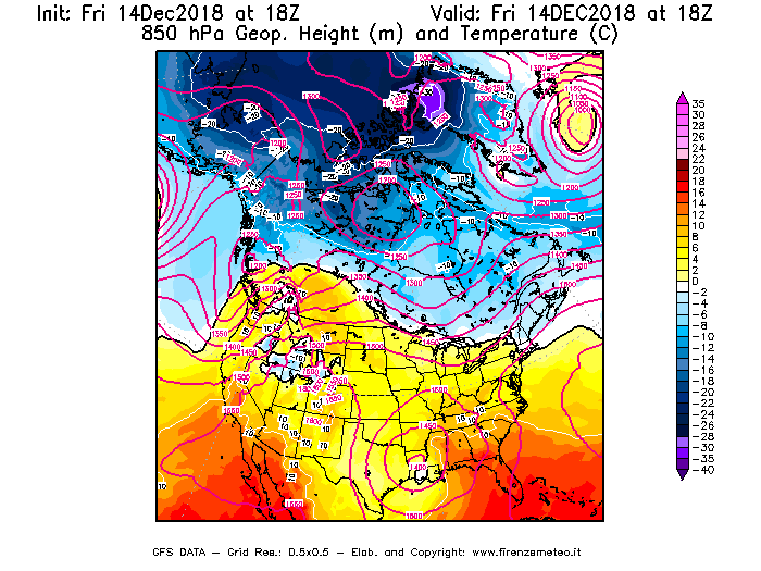 Mappa di analisi GFS - Geopotenziale [m] e Temperatura [°C] a 850 hPa in Nord-America
									del 14/12/2018 18 <!--googleoff: index-->UTC<!--googleon: index-->