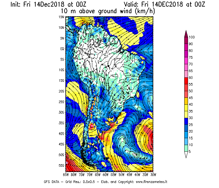Mappa di analisi GFS - Velocità del vento a 10 metri dal suolo [km/h] in Sud-America
									del 14/12/2018 00 <!--googleoff: index-->UTC<!--googleon: index-->
