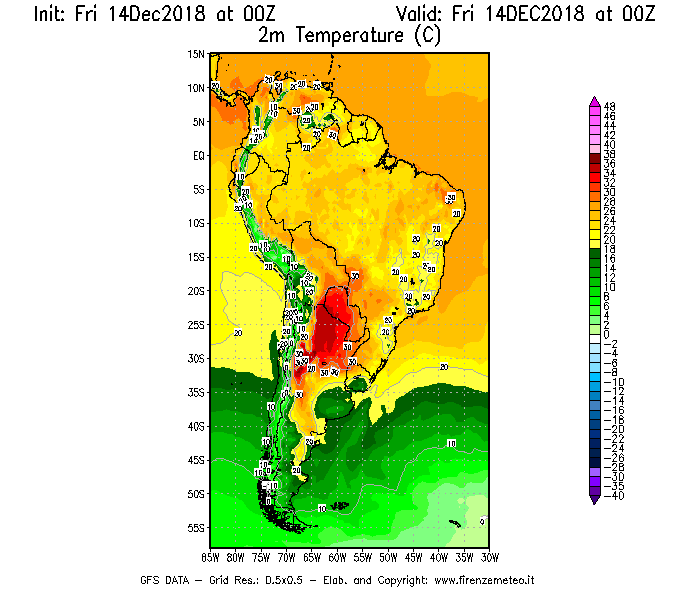 Mappa di analisi GFS - Temperatura a 2 metri dal suolo [°C] in Sud-America
									del 14/12/2018 00 <!--googleoff: index-->UTC<!--googleon: index-->