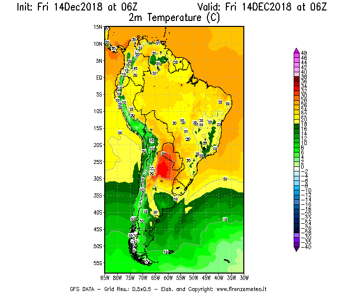 Mappa di analisi GFS - Temperatura a 2 metri dal suolo [°C] in Sud-America
									del 14/12/2018 06 <!--googleoff: index-->UTC<!--googleon: index-->