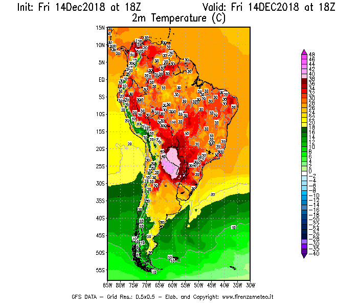 Mappa di analisi GFS - Temperatura a 2 metri dal suolo [°C] in Sud-America
									del 14/12/2018 18 <!--googleoff: index-->UTC<!--googleon: index-->