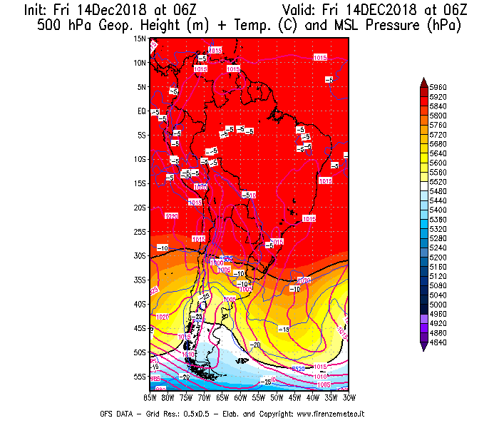 Mappa di analisi GFS - Geopotenziale [m] + Temp. [°C] a 500 hPa + Press. a livello del mare [hPa] in Sud-America
									del 14/12/2018 06 <!--googleoff: index-->UTC<!--googleon: index-->