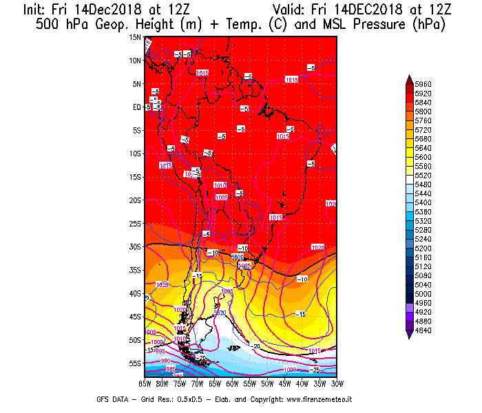 Mappa di analisi GFS - Geopotenziale [m] + Temp. [°C] a 500 hPa + Press. a livello del mare [hPa] in Sud-America
									del 14/12/2018 12 <!--googleoff: index-->UTC<!--googleon: index-->