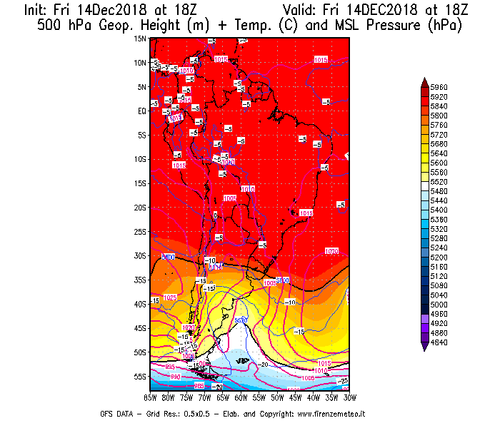 Mappa di analisi GFS - Geopotenziale [m] + Temp. [°C] a 500 hPa + Press. a livello del mare [hPa] in Sud-America
									del 14/12/2018 18 <!--googleoff: index-->UTC<!--googleon: index-->