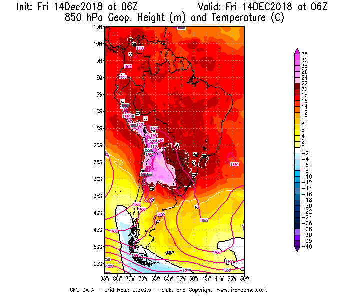 Mappa di analisi GFS - Geopotenziale [m] e Temperatura [°C] a 850 hPa in Sud-America
									del 14/12/2018 06 <!--googleoff: index-->UTC<!--googleon: index-->