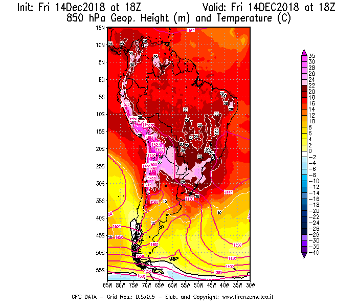Mappa di analisi GFS - Geopotenziale [m] e Temperatura [°C] a 850 hPa in Sud-America
									del 14/12/2018 18 <!--googleoff: index-->UTC<!--googleon: index-->