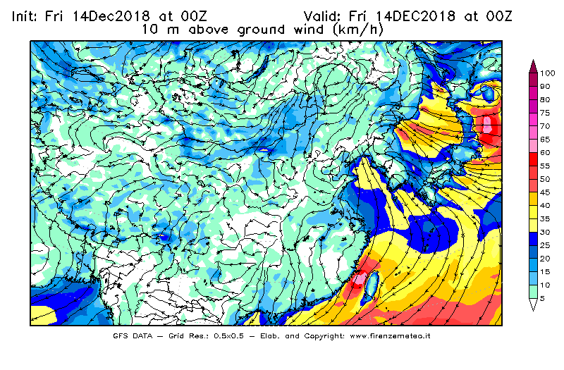 Mappa di analisi GFS - Velocità del vento a 10 metri dal suolo [km/h] in Asia Orientale
									del 14/12/2018 00 <!--googleoff: index-->UTC<!--googleon: index-->