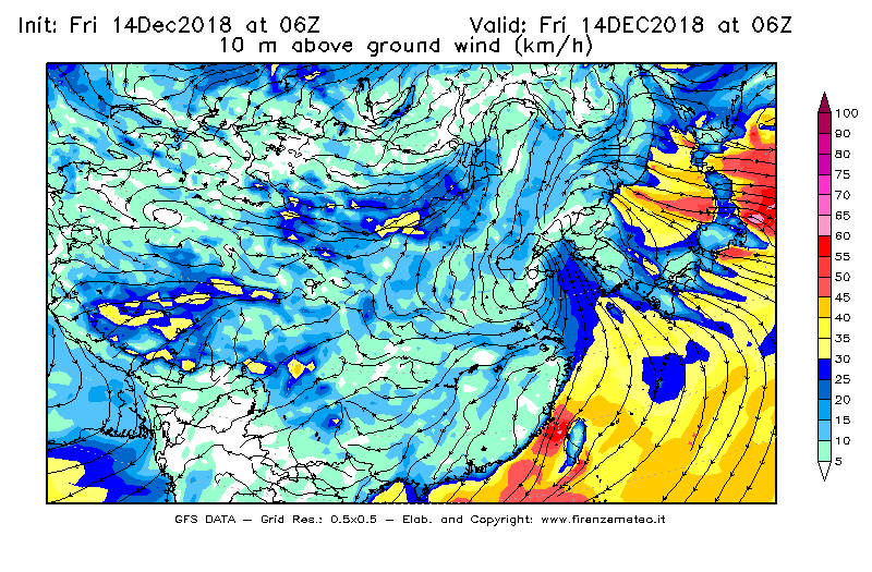 Mappa di analisi GFS - Velocità del vento a 10 metri dal suolo [km/h] in Asia Orientale
									del 14/12/2018 06 <!--googleoff: index-->UTC<!--googleon: index-->