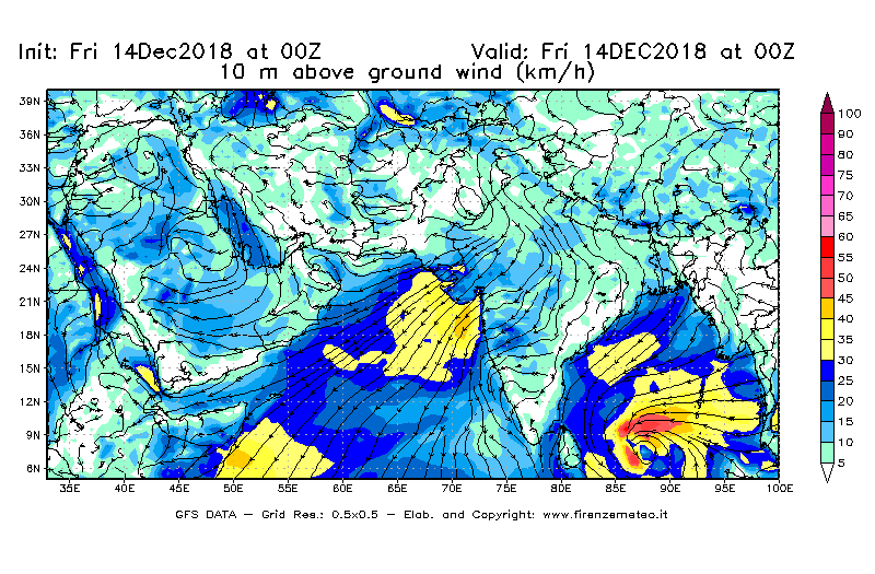 Mappa di analisi GFS - Velocità del vento a 10 metri dal suolo [km/h] in Asia Sud-Occidentale
									del 14/12/2018 00 <!--googleoff: index-->UTC<!--googleon: index-->