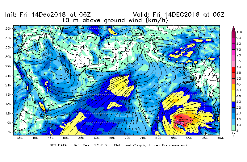 Mappa di analisi GFS - Velocità del vento a 10 metri dal suolo [km/h] in Asia Sud-Occidentale
									del 14/12/2018 06 <!--googleoff: index-->UTC<!--googleon: index-->