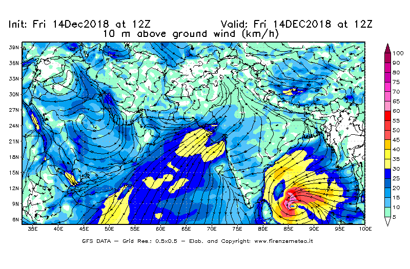Mappa di analisi GFS - Velocità del vento a 10 metri dal suolo [km/h] in Asia Sud-Occidentale
									del 14/12/2018 12 <!--googleoff: index-->UTC<!--googleon: index-->