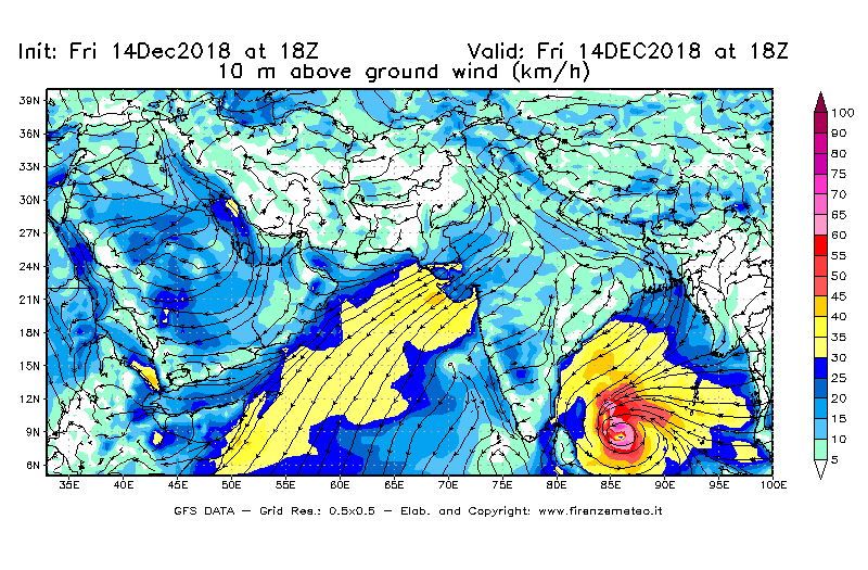 Mappa di analisi GFS - Velocità del vento a 10 metri dal suolo [km/h] in Asia Sud-Occidentale
									del 14/12/2018 18 <!--googleoff: index-->UTC<!--googleon: index-->