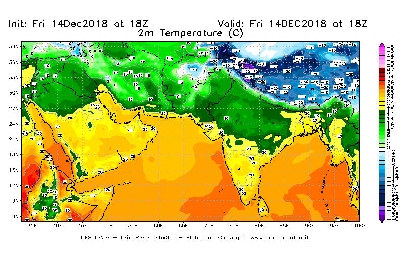 Mappa di analisi GFS - Temperatura a 2 metri dal suolo [°C] in Asia Sud-Occidentale
									del 14/12/2018 18 <!--googleoff: index-->UTC<!--googleon: index-->
