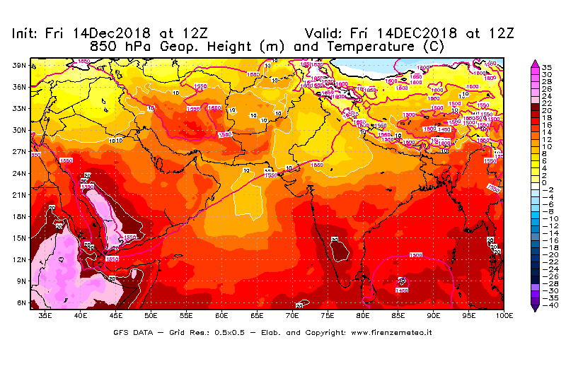 Mappa di analisi GFS - Geopotenziale [m] e Temperatura [°C] a 850 hPa in Asia Sud-Occidentale
									del 14/12/2018 12 <!--googleoff: index-->UTC<!--googleon: index-->