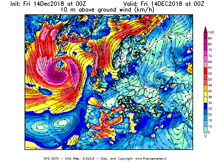Mappa di analisi GFS - Velocità del vento a 10 metri dal suolo [km/h] in Europa
									del 14/12/2018 00 <!--googleoff: index-->UTC<!--googleon: index-->