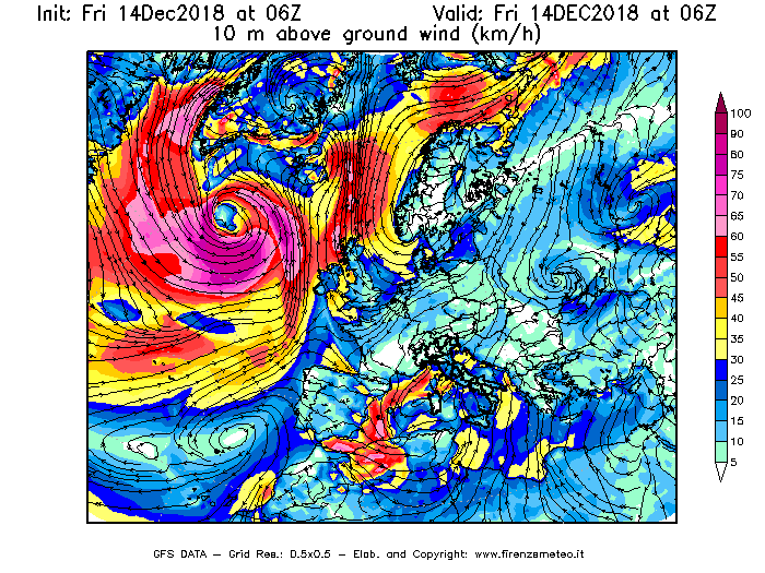 Mappa di analisi GFS - Velocità del vento a 10 metri dal suolo [km/h] in Europa
									del 14/12/2018 06 <!--googleoff: index-->UTC<!--googleon: index-->