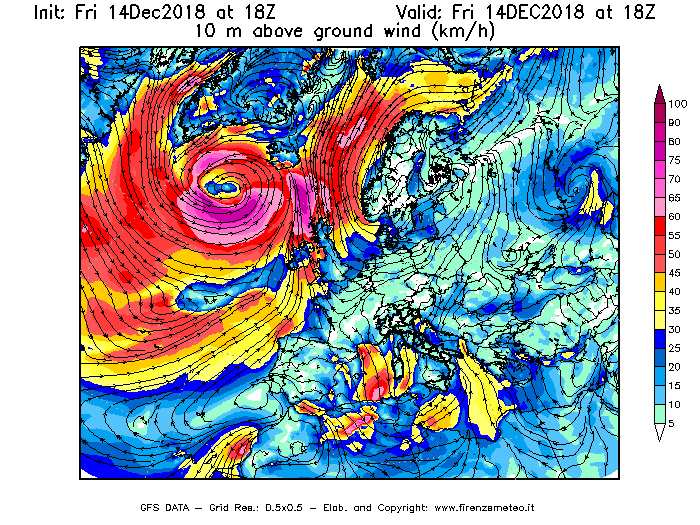 Mappa di analisi GFS - Velocità del vento a 10 metri dal suolo [km/h] in Europa
									del 14/12/2018 18 <!--googleoff: index-->UTC<!--googleon: index-->