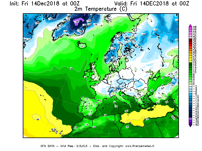 Mappa di analisi GFS - Temperatura a 2 metri dal suolo [°C] in Europa
									del 14/12/2018 00 <!--googleoff: index-->UTC<!--googleon: index-->