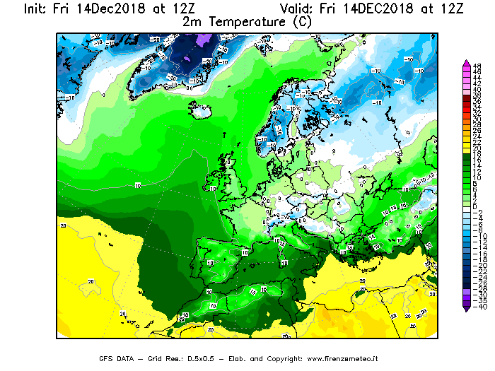 Mappa di analisi GFS - Temperatura a 2 metri dal suolo [°C] in Europa
									del 14/12/2018 12 <!--googleoff: index-->UTC<!--googleon: index-->