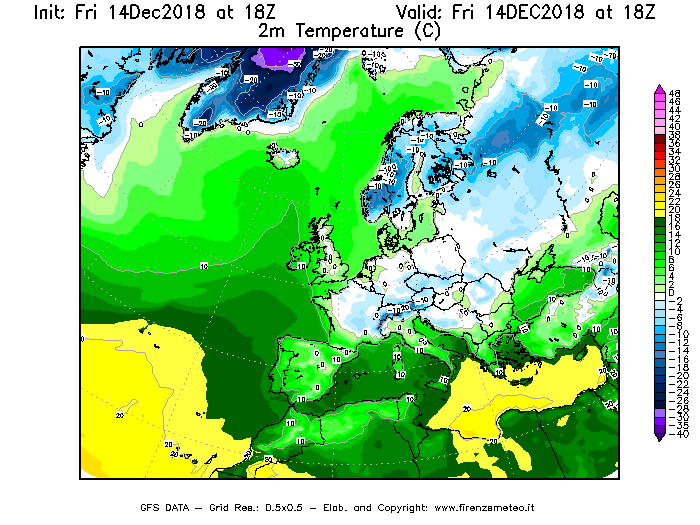 Mappa di analisi GFS - Temperatura a 2 metri dal suolo [°C] in Europa
									del 14/12/2018 18 <!--googleoff: index-->UTC<!--googleon: index-->