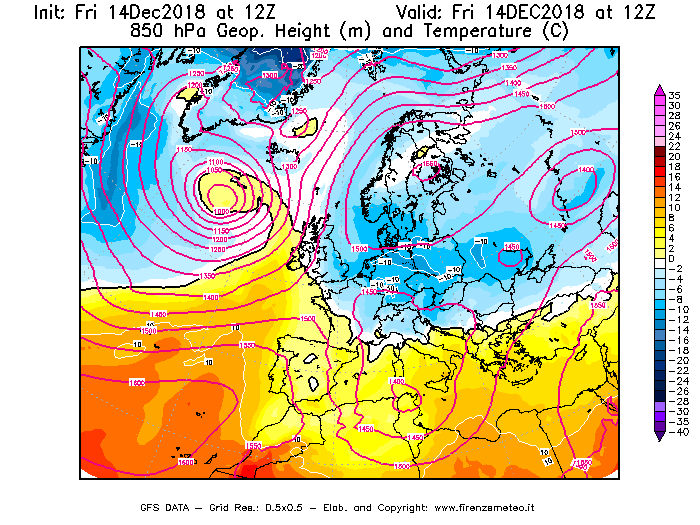 Mappa di analisi GFS - Geopotenziale [m] e Temperatura [°C] a 850 hPa in Europa
									del 14/12/2018 12 <!--googleoff: index-->UTC<!--googleon: index-->