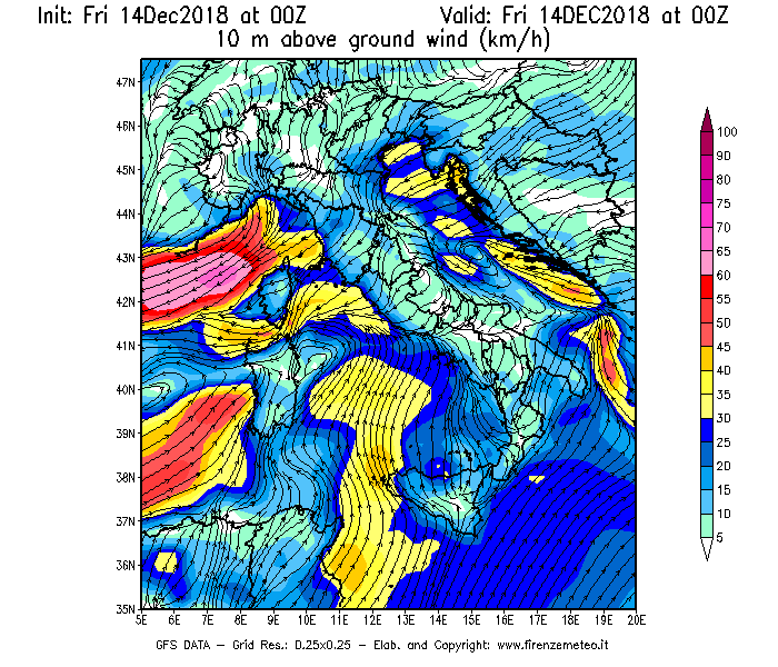 Mappa di analisi GFS - Velocità del vento a 10 metri dal suolo [km/h] in Italia
									del 14/12/2018 00 <!--googleoff: index-->UTC<!--googleon: index-->