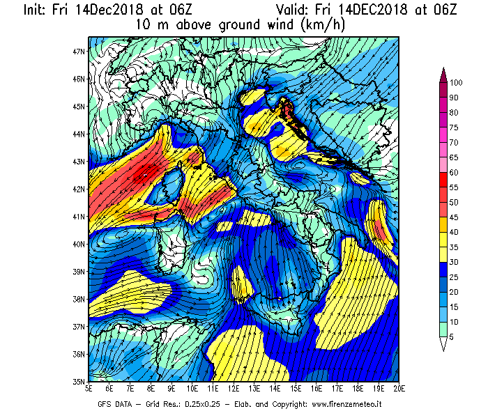 Mappa di analisi GFS - Velocità del vento a 10 metri dal suolo [km/h] in Italia
									del 14/12/2018 06 <!--googleoff: index-->UTC<!--googleon: index-->