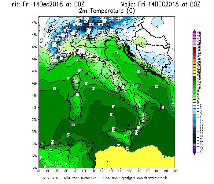 Mappa di analisi GFS - Temperatura a 2 metri dal suolo [°C] in Italia
									del 14/12/2018 00 <!--googleoff: index-->UTC<!--googleon: index-->