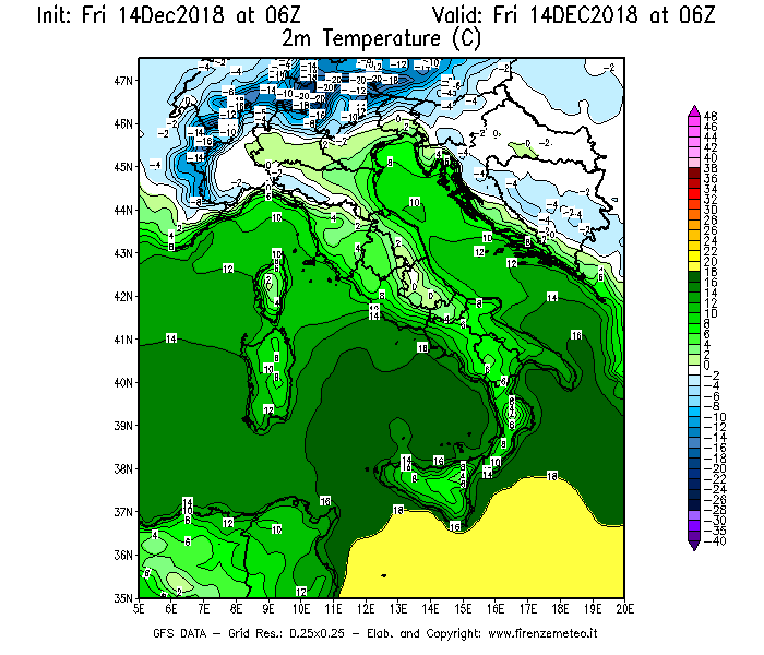 Mappa di analisi GFS - Temperatura a 2 metri dal suolo [°C] in Italia
									del 14/12/2018 06 <!--googleoff: index-->UTC<!--googleon: index-->