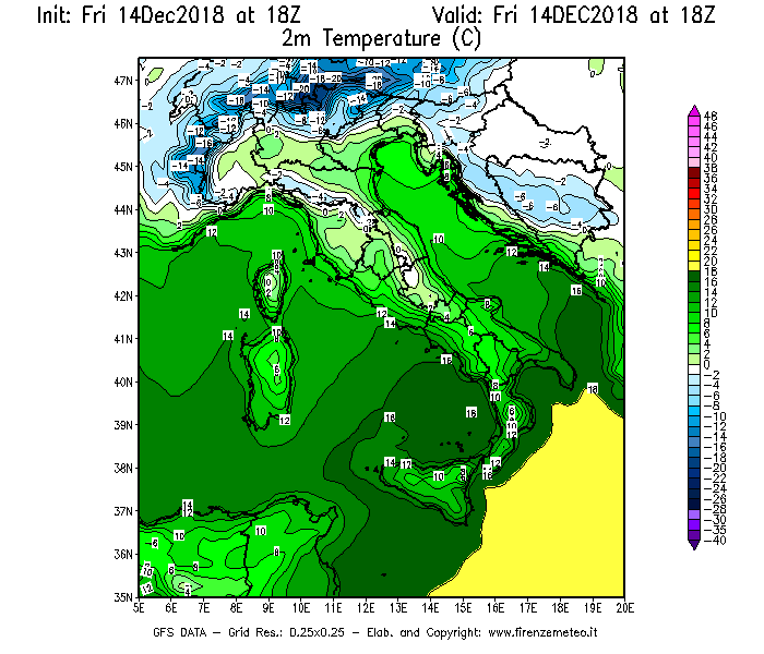 Mappa di analisi GFS - Temperatura a 2 metri dal suolo [°C] in Italia
									del 14/12/2018 18 <!--googleoff: index-->UTC<!--googleon: index-->
