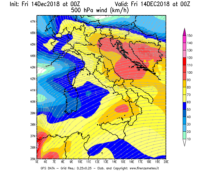 Mappa di analisi GFS - Velocità del vento a 500 hPa [km/h] in Italia
									del 14/12/2018 00 <!--googleoff: index-->UTC<!--googleon: index-->