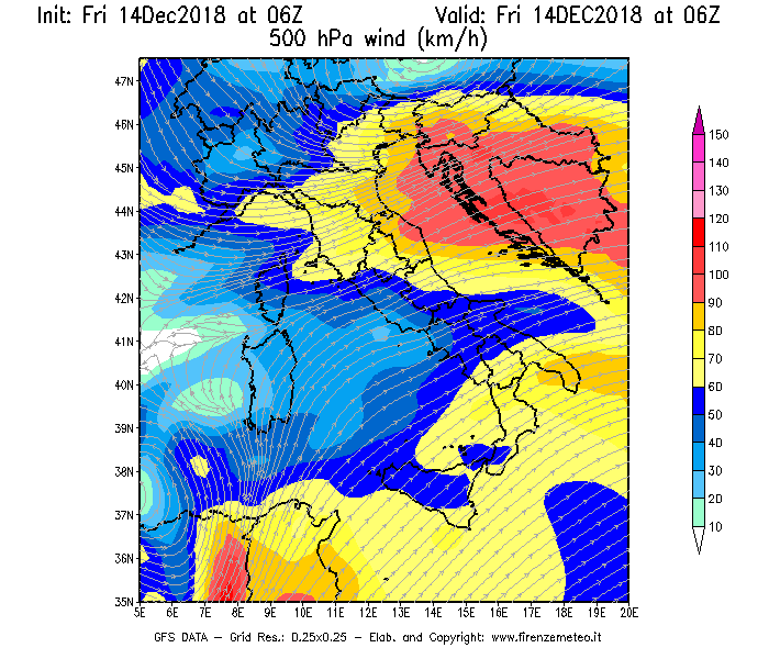 Mappa di analisi GFS - Velocità del vento a 500 hPa [km/h] in Italia
									del 14/12/2018 06 <!--googleoff: index-->UTC<!--googleon: index-->