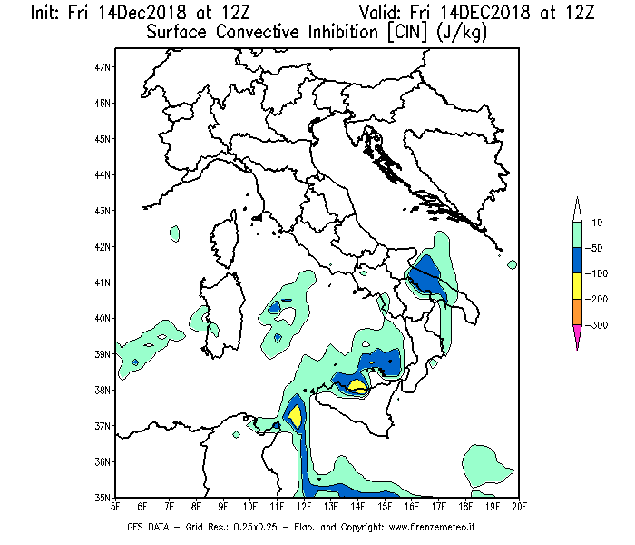 Mappa di analisi GFS - CIN [J/kg] in Italia
									del 14/12/2018 12 <!--googleoff: index-->UTC<!--googleon: index-->