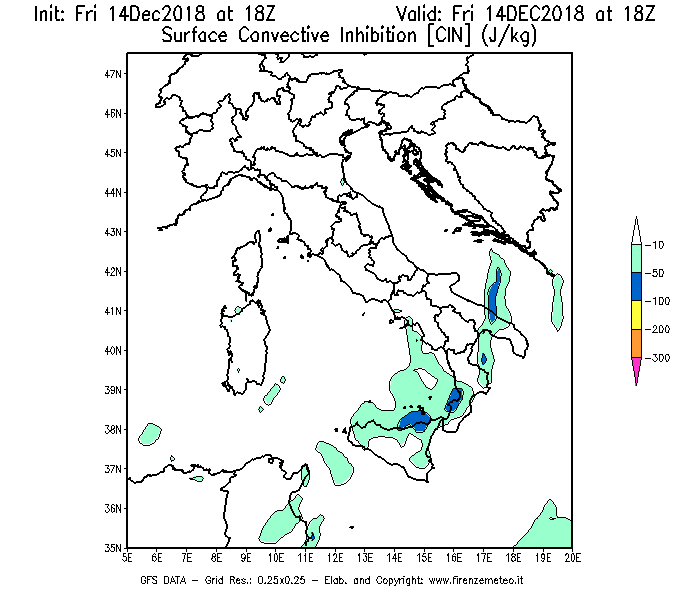 Mappa di analisi GFS - CIN [J/kg] in Italia
									del 14/12/2018 18 <!--googleoff: index-->UTC<!--googleon: index-->
