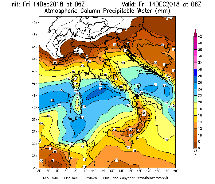 Mappa di analisi GFS - Precipitable Water [mm] in Italia
									del 14/12/2018 06 <!--googleoff: index-->UTC<!--googleon: index-->