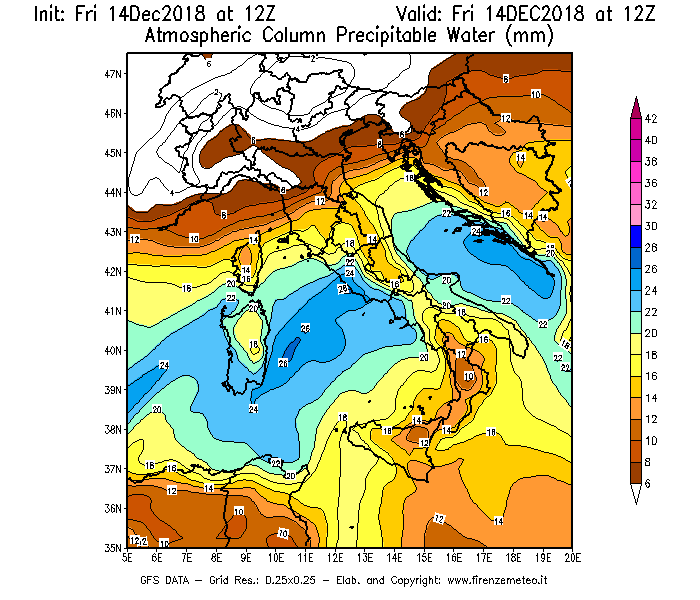 Mappa di analisi GFS - Precipitable Water [mm] in Italia
									del 14/12/2018 12 <!--googleoff: index-->UTC<!--googleon: index-->