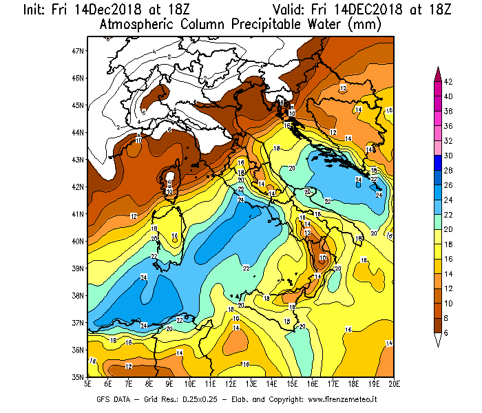 Mappa di analisi GFS - Precipitable Water [mm] in Italia
									del 14/12/2018 18 <!--googleoff: index-->UTC<!--googleon: index-->