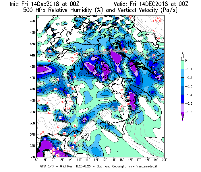 Mappa di analisi GFS - Umidità relativa [%] e Omega [Pa/s] a 500 hPa in Italia
									del 14/12/2018 00 <!--googleoff: index-->UTC<!--googleon: index-->