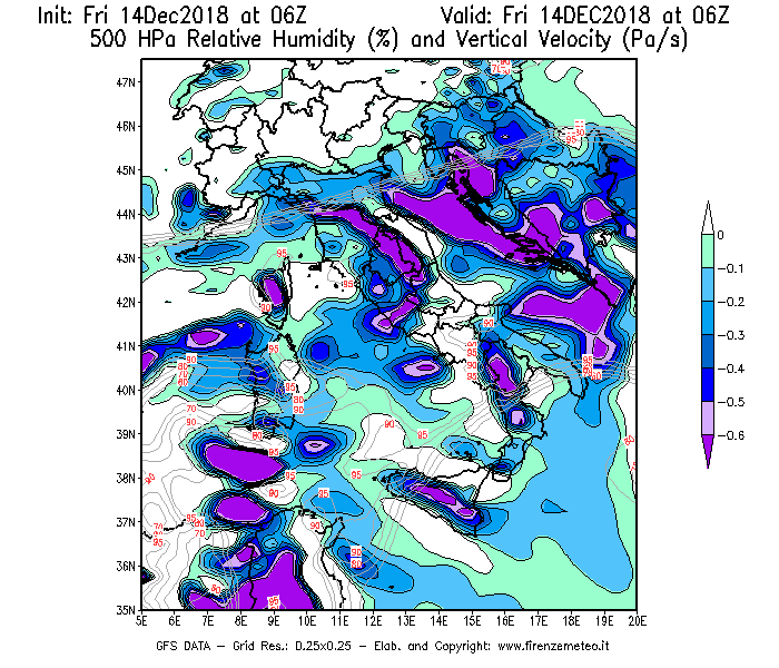 Mappa di analisi GFS - Umidità relativa [%] e Omega [Pa/s] a 500 hPa in Italia
									del 14/12/2018 06 <!--googleoff: index-->UTC<!--googleon: index-->