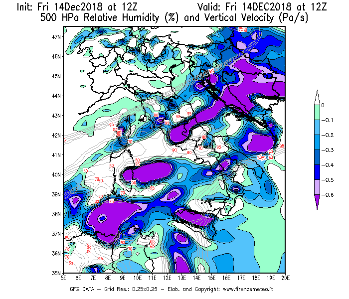 Mappa di analisi GFS - Umidità relativa [%] e Omega [Pa/s] a 500 hPa in Italia
									del 14/12/2018 12 <!--googleoff: index-->UTC<!--googleon: index-->